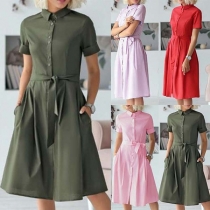 Fashion Solid Color Short Sleeve POLO Collar Shirt Dress