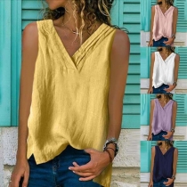 Fashion Solid Color Sleeveless V-neck Loose T-shirt 