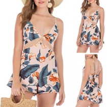 Sexy Backless V-neck Lace Spliced High Waist Sling Printed Romper