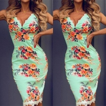 Sexy Backless V-neck  Lace Spliced Printed Sling Dress