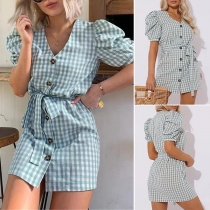 Fashion Short Sleeve V-neck Single-breasted Plaid Dress