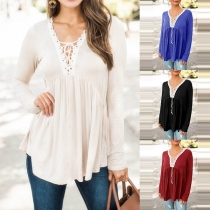 Fashion Lace Spliced V-neck Long Sleeve Loose Top 