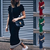 Fashion Short Sleeve Round Neck Striped Spliced T-shirt Dress