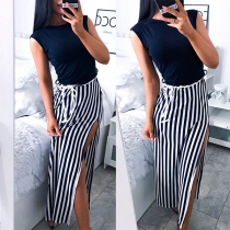 Sexy Slit Hem Sleeveless Round Neck Striped Spliced Dress