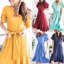 Fashion Solid Color Short Sleeve Ruffle Hem Dress