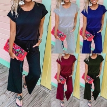 Fashion Solid Color Short Sleeve Round Neck Jumpsuit