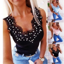 Sexy V-Neck Sleeveless Lace Spliced Beaded T-Shirt