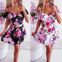 Sexy Off-Shoulder V-Neck High Waist Printed Sling Dress(Without belt)