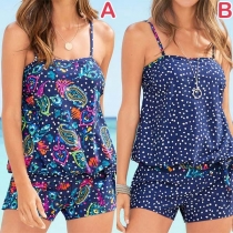 Sexy Backless Printed Cami Top + Shirts Swimsuit Set 