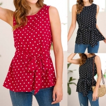 Fashion Round Neck Sleeveless Dots Printed Top