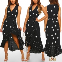 Sexy V-Neck Irregular Hem Sleeveless Dots Printed Dress