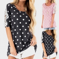 Fashion Lace Spliced Short Sleeve Dots Printed T-Shirt