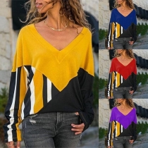 Fashion Stripe Spliced V-Neck Long Sleeve Contrast Color T-Shirt