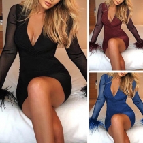 Sexy V-Neck Long Sleeve Solid Color Slim Fit Dress