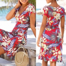 Sexy V-Neck Short Sleeve Printed Beach Dress