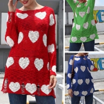 Fashion Long Sleeve Round Neck Heart Printed Sweater