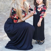 Fashion 3/4 Sleeve Round Neck Printed Parent-child Dress