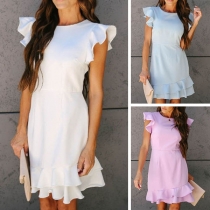 Fashion Lotus Sleeve Ruffle Hem Solid Color Dress