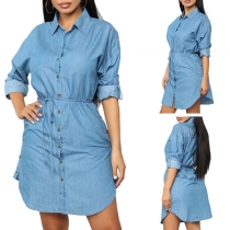 Fashion Long Sleeve POLO Collar Denim Shirt Dress