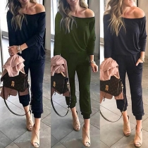 Fashion Solid Color Long Sleeve Oblique Shoulder Jumpsuit