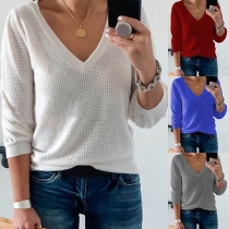 Fashion V-Neck Long Sleeve Solid Color Knit Shirt