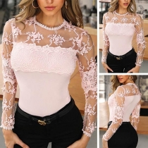Sexy See-through Gauze Spliced Long Sleeve T-shirt 