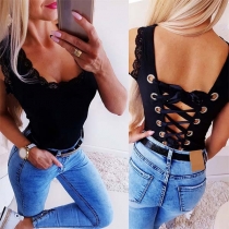 Sexy Backless Low-Cut Sleeveless Lace Spliced Bodysuit