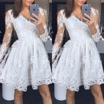Sexy V-Neck Long Sleeve See-through Lace Spliced Dress