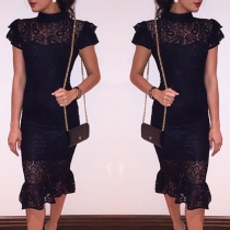 Sexy Short Sleeve Mock Neck Slim Fit Lace Dress