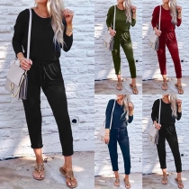 Fashion Solid Color Long Sleeve Round Neck Jumpsuit