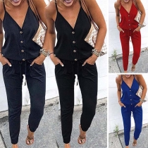 Sexy Backless V-Neck Solid Color Sling Jumpsuit