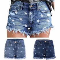 Fashion Frayed Hem Pentagram Printed Denim Shorts