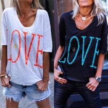 Casual V-Neck Short Sleeve Letters Printed T-Shirt