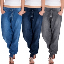 Casual Style Elastic Waist Loose Jeans