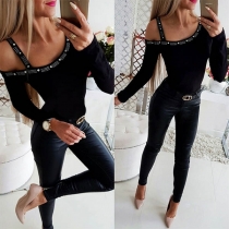 Sexy One-Shoulder Rhinestone Inlaid Long Sleeve T-Shirt