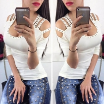 Sexy Off-shoulder Half Sleeve U-neck Rivets T-Shirt