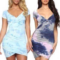 Sexy V-Neck Slim Fit Tie-Dyed Printed Dress