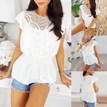 Fashion Elastic Waist Hollow Out Lace Spliced Top