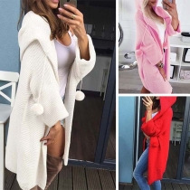 Fashion Solid Color Hooded Knitted Cardigan