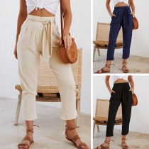 Fashion Lace-up HIgh Waist Solid Color Pants