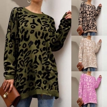 Fashion Long Sleeve Round Neck Leopard Printed Knit Top