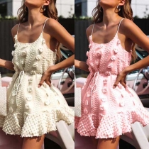 Sexy Backless Hairball Spliced Solid Color Sling Dress