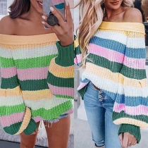 Sexy Boat Neck Lantern Sleeve Contrast Color Sweater