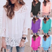 Fashion Long Sleeve V-neck Lace Spliced Top