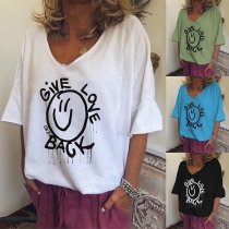 Cute Cartoon Printed Short Sleeve V-neck T-Shirt