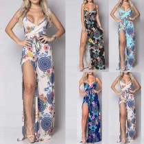 Sexy Backless V-Neck Slit Hem Printed Sling Dress