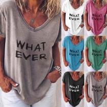Fashion Short Sleeve V-neck Letters Printed T-Shirt