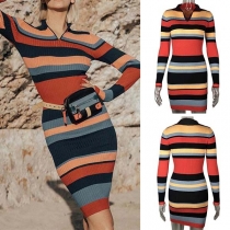 Fashion Long Sleeve Contrast Color Striped Slim Fit Knit Dress