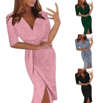 Sexy V-Neck Slit Hem Solid Color Party Dress