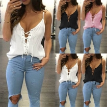 Sexy Lace-up V-Neck Solid Color Sling Tank Top